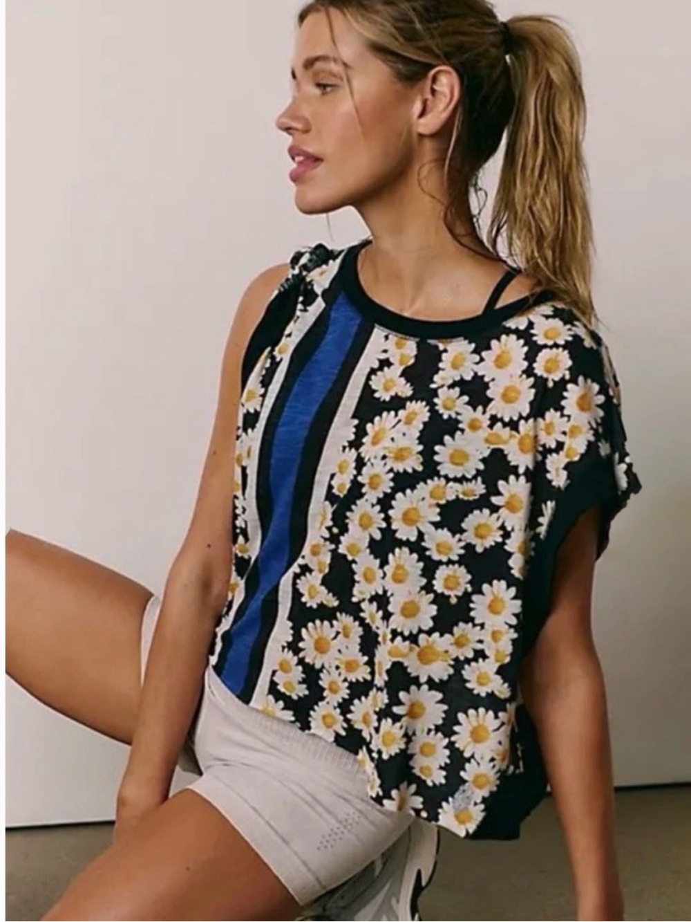 FP Movement by Free People Black Daisy Print shirt  with Blue Stripe  NWOT XS